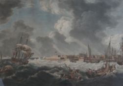 RICHARD PATON coloured maritime lithograph - storm descending at British port with numerous