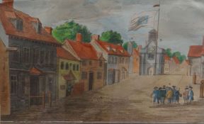 R LIVESAY hand coloured engraving `The Town of Queenborough` 8.25 x 12ins (21 x 31cms)