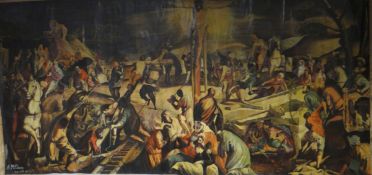 An exceptionally large religious wall hanging oil painting depicting the crucifixion of Christ