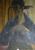 TWENTIETH CENTURY BRITISH MODERN SCHOOL oil on canvas - half-portrait of a seated woman, unsigned