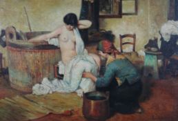 VENDRAMINI oil on canvas - domestic scene with half-naked lady sat beside a large wooden bath tub