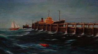 WELSH MARITIME SCHOOL oil on canvas - vessels at Swansea harbour including the steamship `Mendip`,