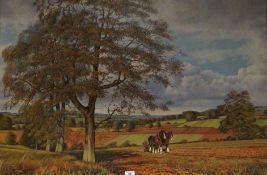 PAUL MORGAN oil on canvas - peaceful autumnal scene with shire horses and farmer ploughing in a