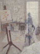 DIANA MARSDEN oil on board - interior scene with painting on easel, large window and two figures,
