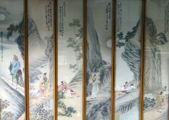 A set of six mid-twentieth century Korean paintings on silk depicting tales of folklore with figures