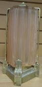A French brass electric table lamp by EVG with pink tinted Art-Deco style shade, 7ins high