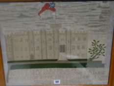 A nineteenth century wool and bead pictorial sampler of the frontage of Cardiff Castle with ensign