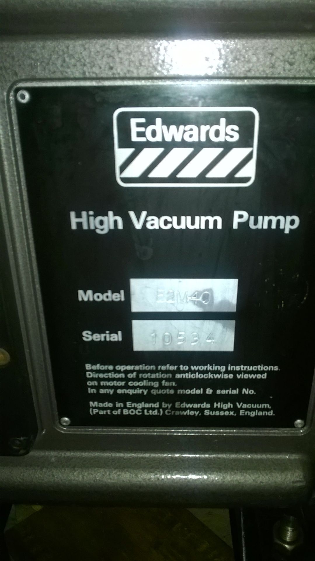 BOC Edwards E2m40 Rotary Vane Vacuum Pump & EH500A Mechanical Booster
 
Vacuum Pump:
Model E2m40 - Image 5 of 8