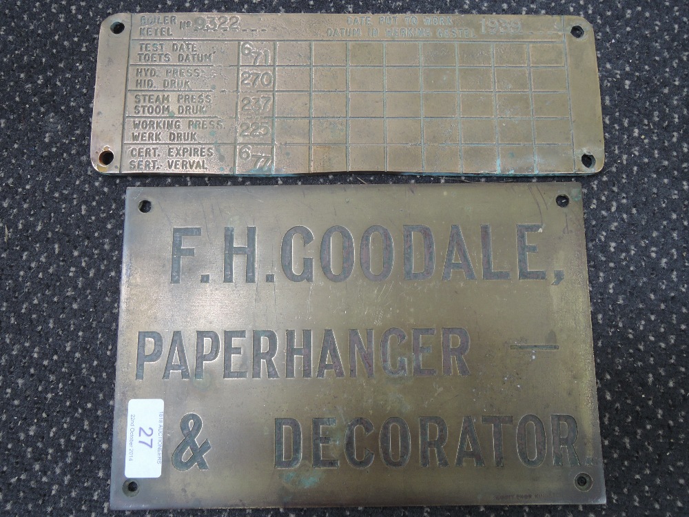 A vintage brass trade plaque for Goodale, paperhanger and decorator and a similar brass plaque