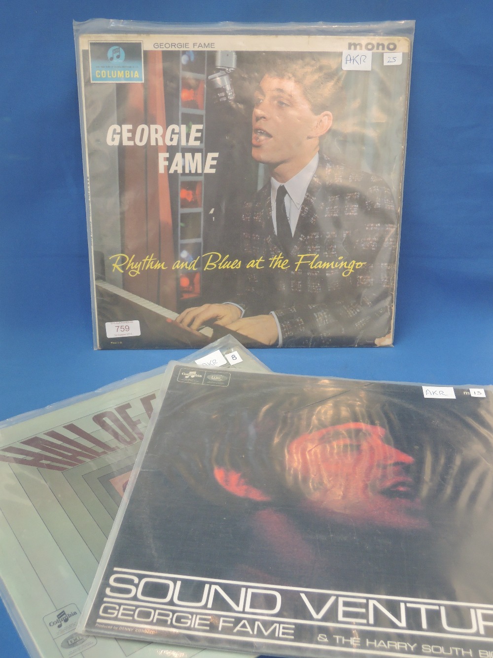 Three vinyl LP records, Georige Fame, `Rhythm and Blues at the Flamingo`, `Sound Venture` and `Hall