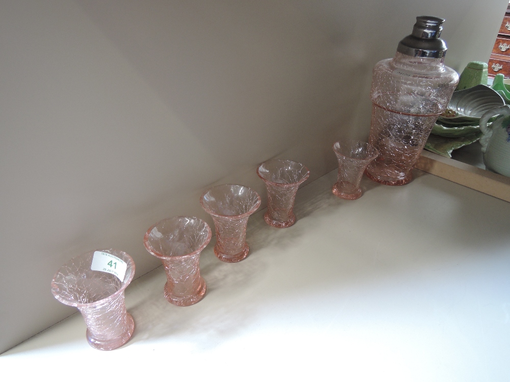 A 1930`s pink crackle glass cocktail set