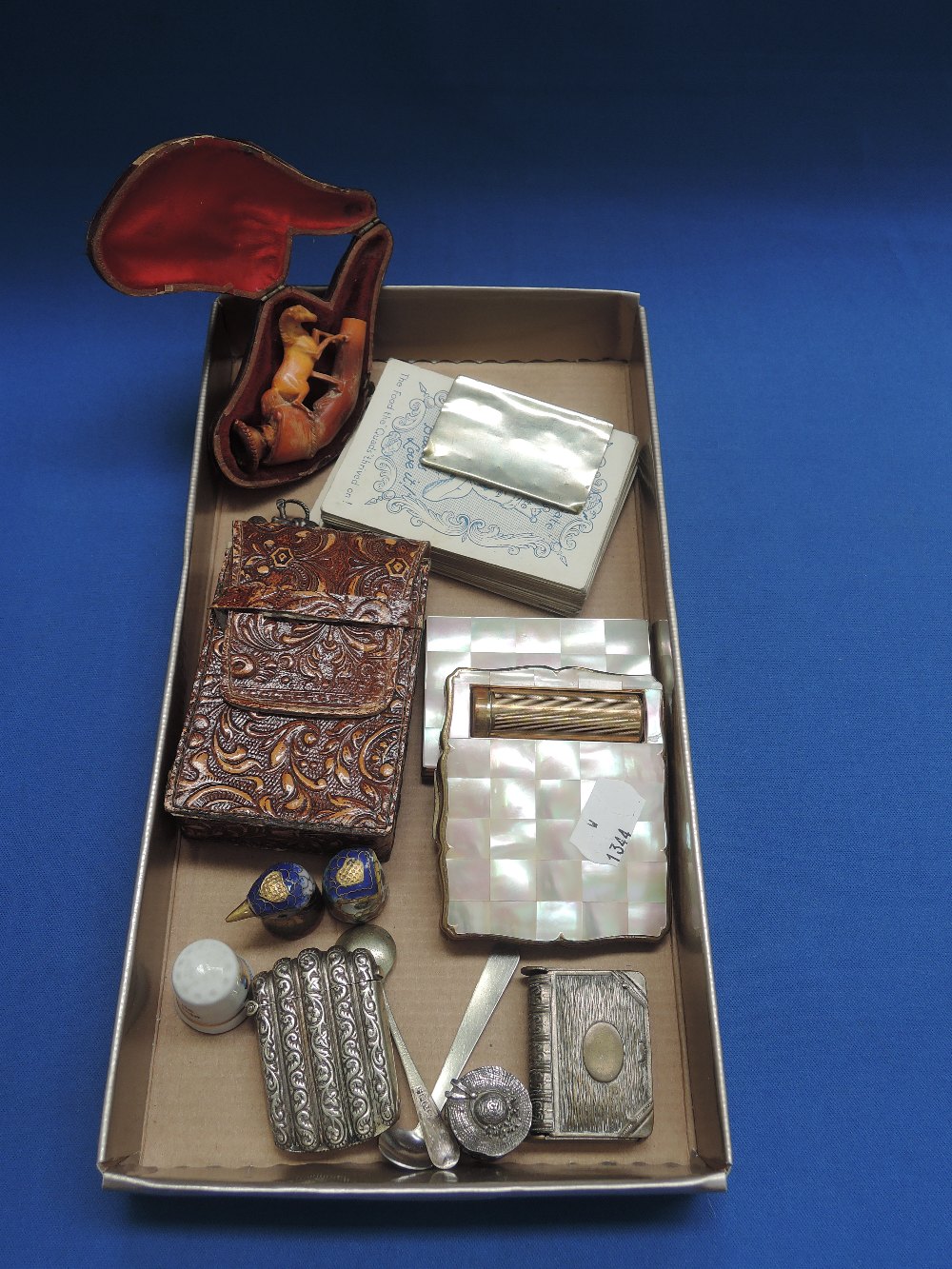 A selection of misc including Stratton compact, thimbles, vestas, Meersham pipe, HM silver brooch