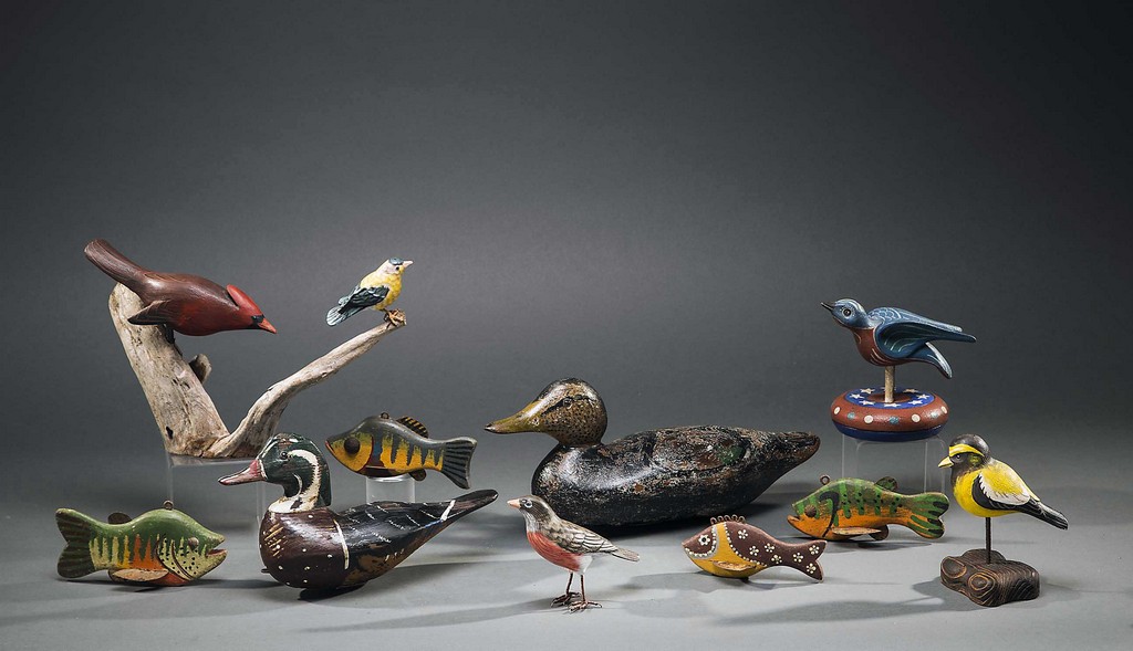 TWO AMERICAN PAINTED DUCK DECOYS, FIVE PAINTED WOOD BIRDS, AND FOUR FISHEarly To Late 20th