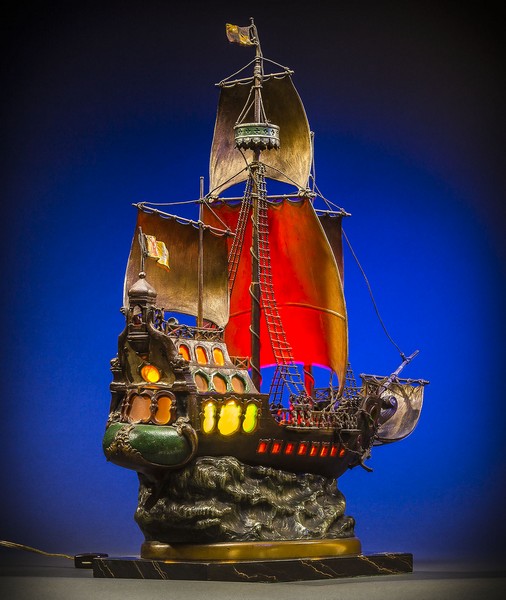 CONTINENTAL COLD PAINTED WHITE METAL MODEL OF A 16TH CENTURY SHIPEarly 20th centuryAt sea with