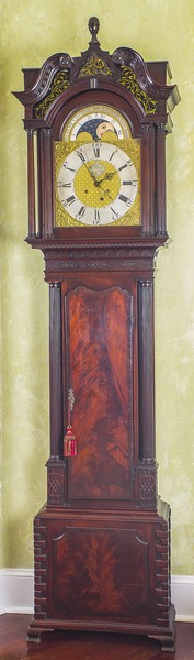 FINE GEORGE III MAHOGANY TALL CASE CLOCKCirca 1780Liverpool, England, Finnery, the arched swan`s