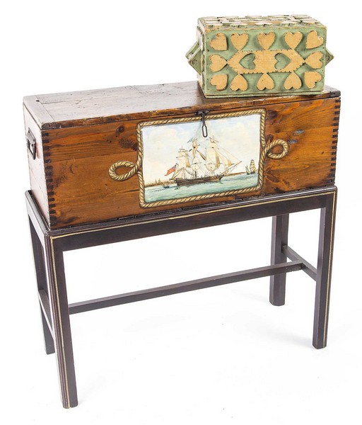PAINTED PINE BOX AND AN AMERICAN SAILORS VALENTINE BOX`Both early 20th centuryThe first with