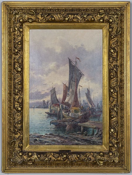 W. Buttler (American, 20th Century)DOCKING BOATS AND SAILBOATS WITH A DINGHY a pair each signed,