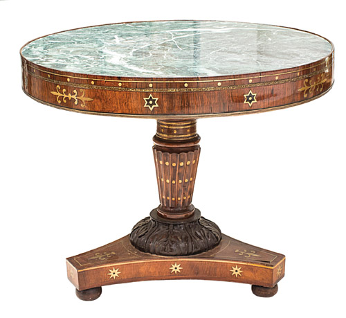 FINE REGENCY BRASS AND EBONY INLAID MAHOGANY MARBLE TOP CENTER TABLE, CIRCA 1820 The underside with