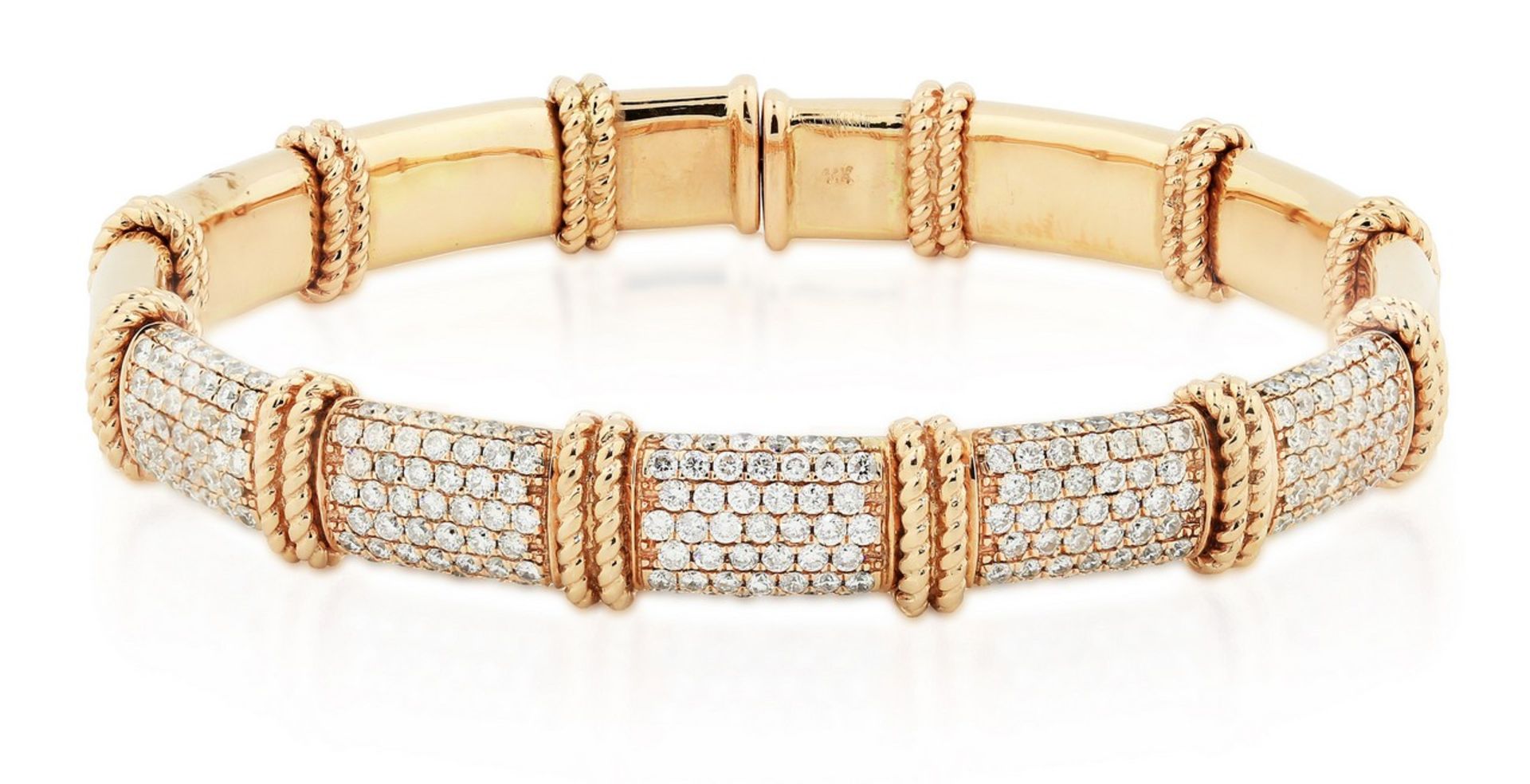 14 KARAT ROSE GOLD DIAMOND CUFF-BRACELET Of rope twist design set at intervals, with pave-set