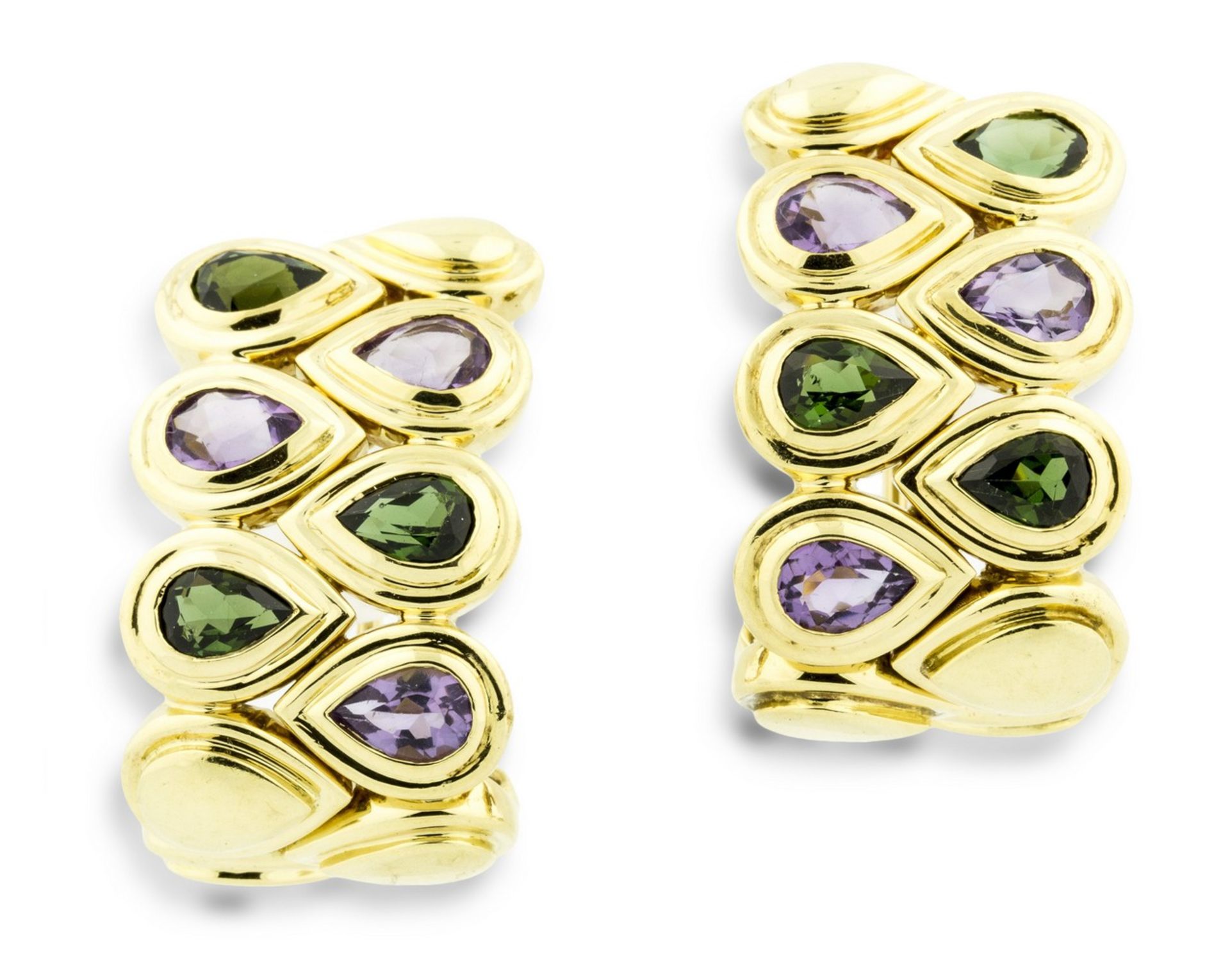 PAIR OF GEMSTONE EAR CLIPS Each bezel set with pear-shaped tourmalines and pear-shaped amethyst,
