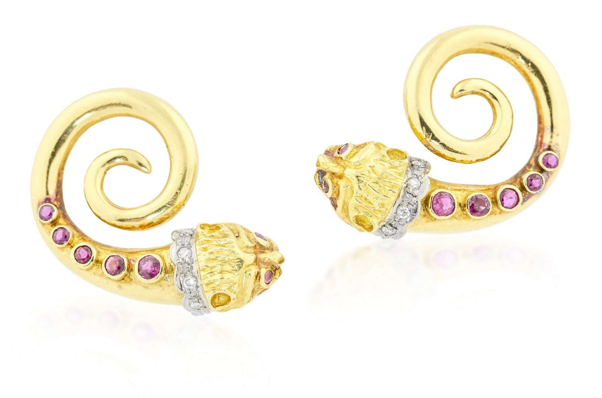 ILIAS LALAOUNIS, 18 KT GOLD, RUBY AND DIAMOND EARRINGS A pair of ear clipsin the Etruscan revival