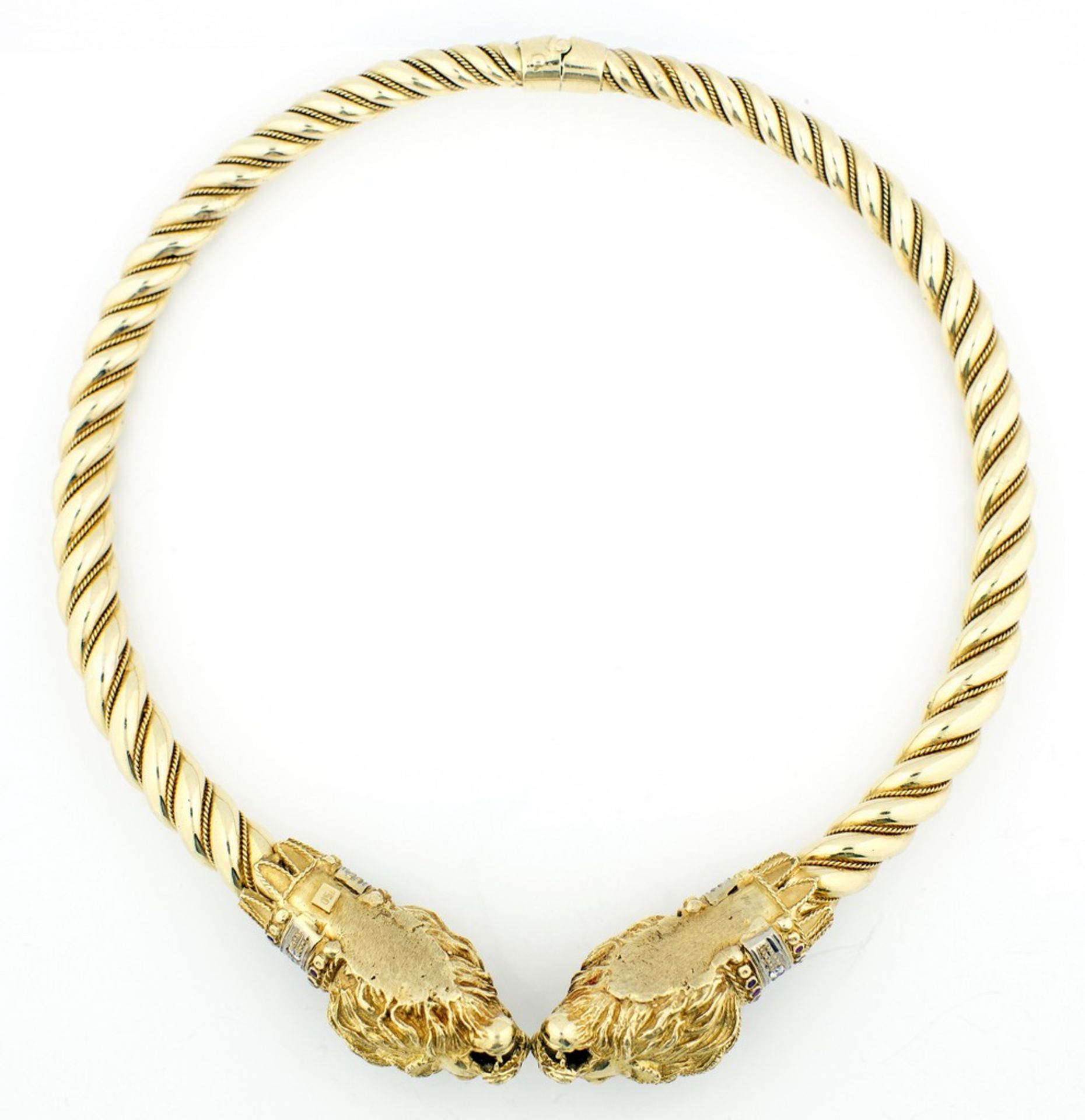 18 KARAT YELLOW GOLD, RUBY AND DIAMOND NECKLACE A torque necklace in the Etruscan revival taste with - Image 2 of 3