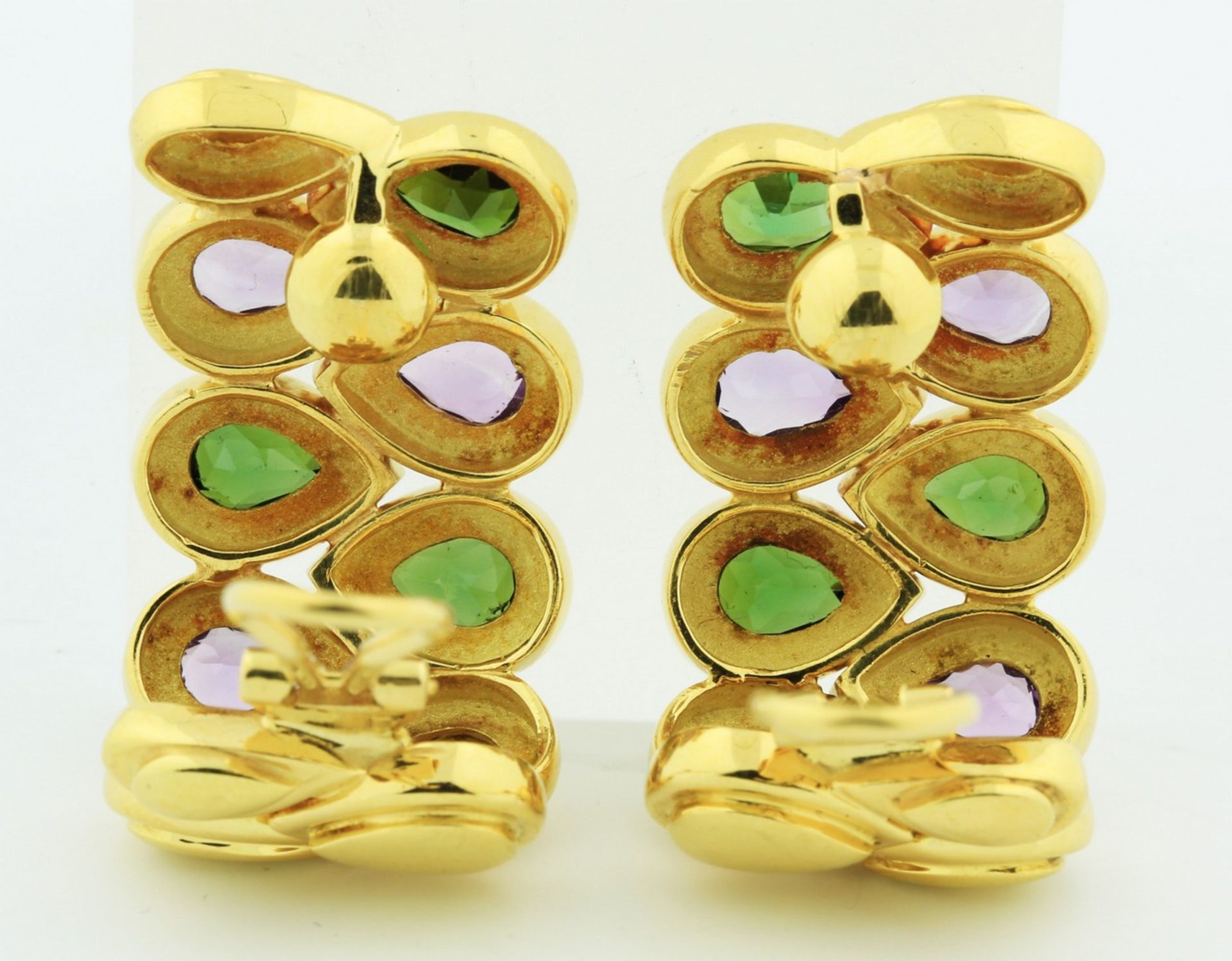 PAIR OF GEMSTONE EAR CLIPS Each bezel set with pear-shaped tourmalines and pear-shaped amethyst, - Image 4 of 4