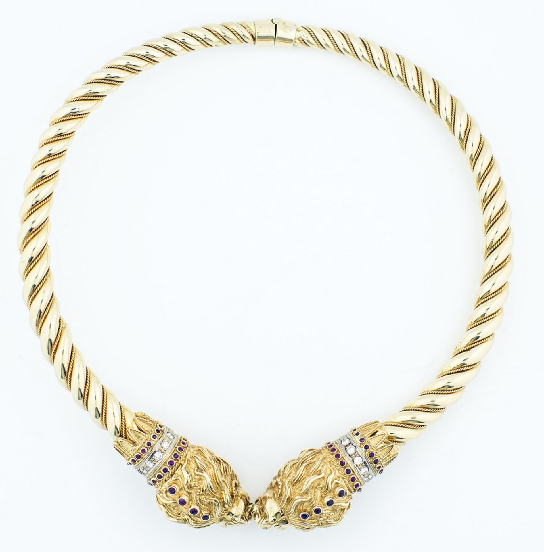 18 KARAT YELLOW GOLD, RUBY AND DIAMOND NECKLACE A torque necklace in the Etruscan revival taste with - Image 3 of 3