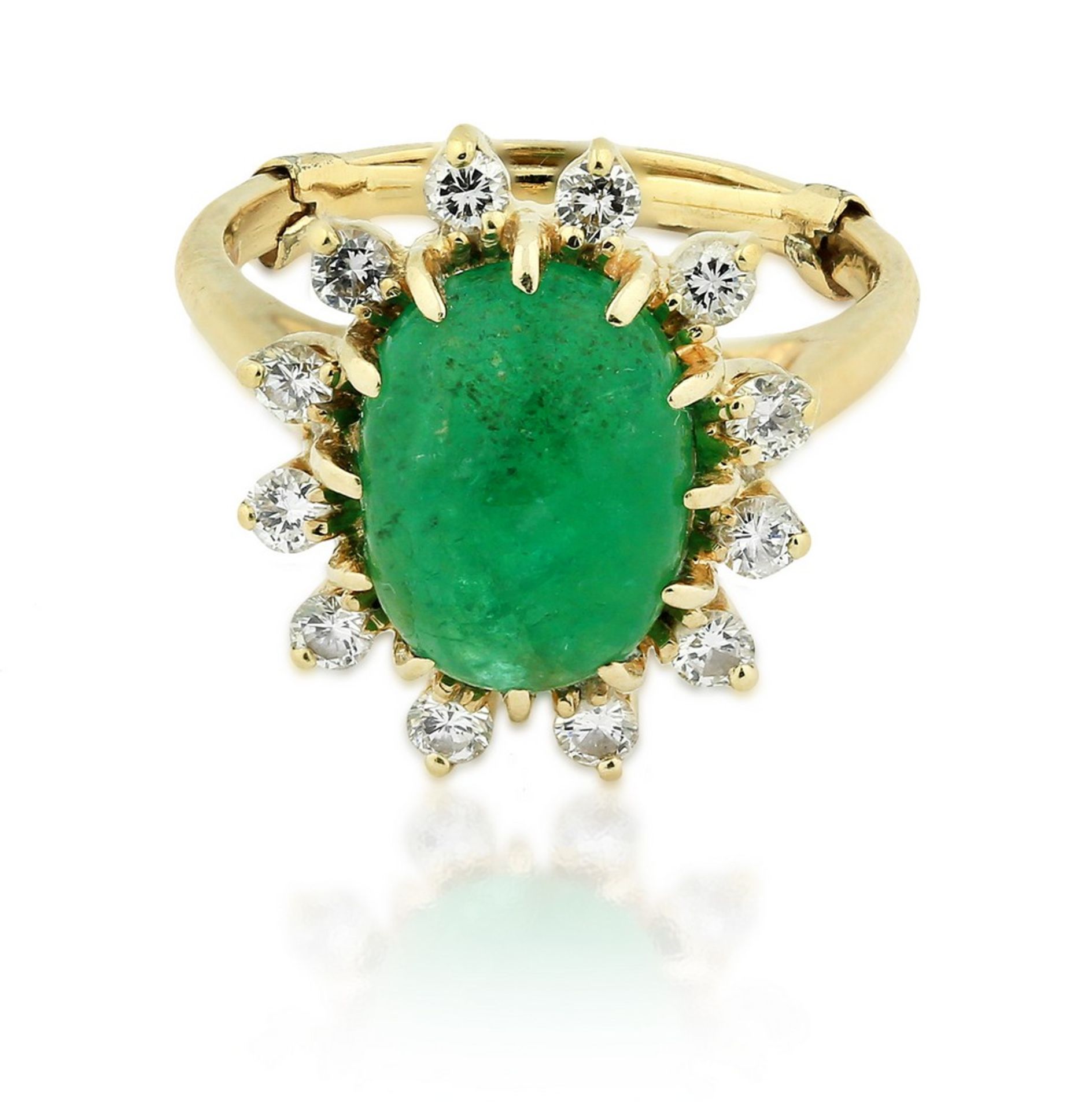 EMERALD AND DIAMOND RING 14 Karat Yellow Gold, Emerald and Diamond Ring Centering on a cabochon