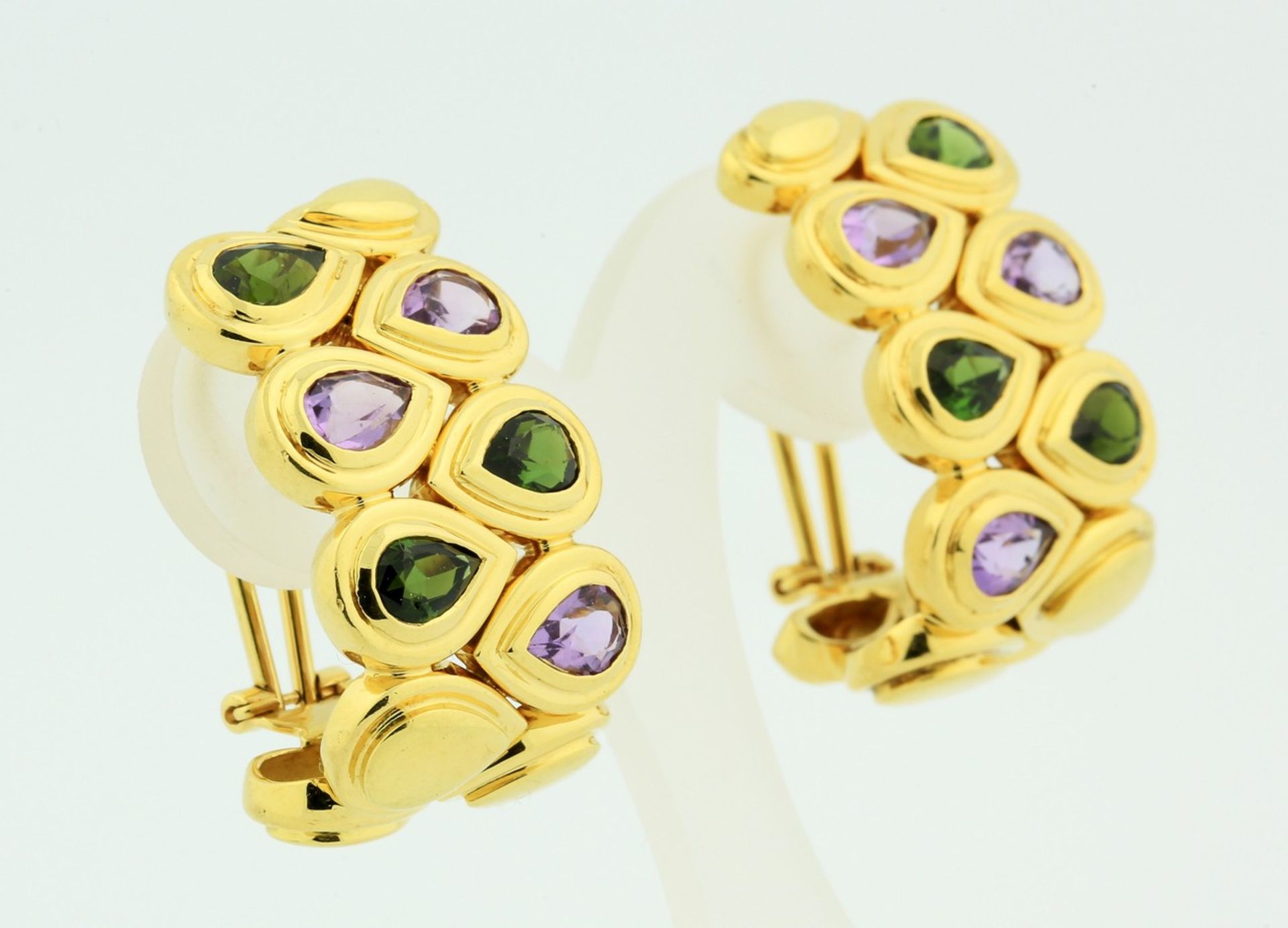 PAIR OF GEMSTONE EAR CLIPS Each bezel set with pear-shaped tourmalines and pear-shaped amethyst, - Image 3 of 4