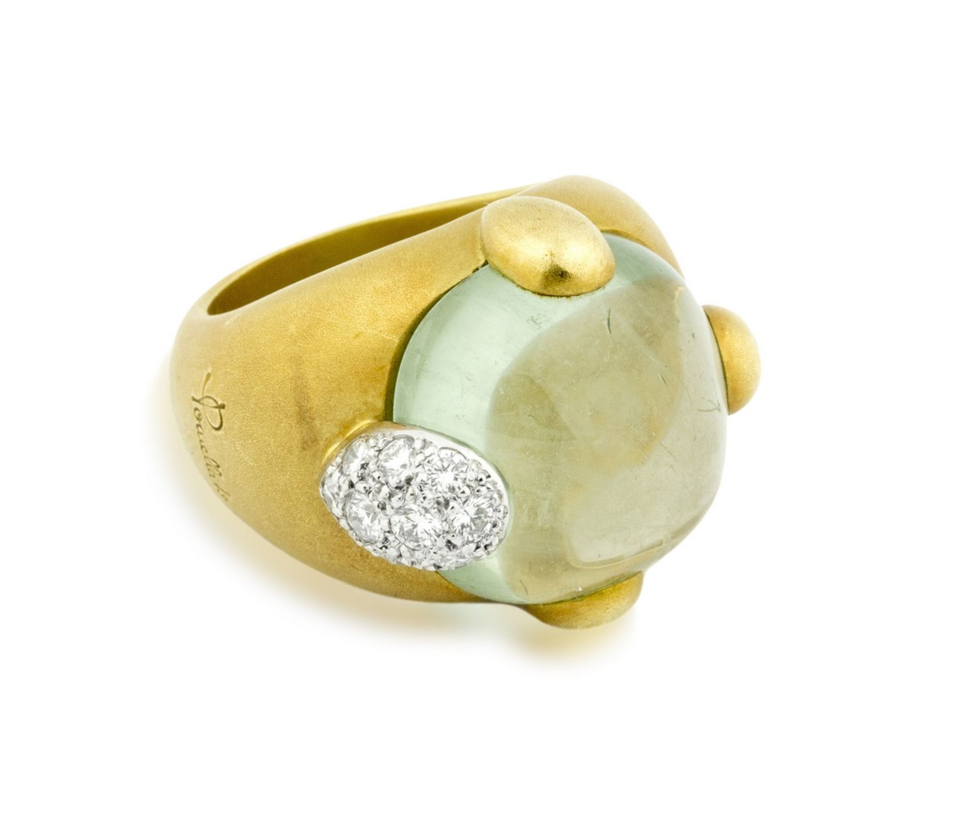 POMELLATO, 18 KARAT, AQUAMARINE AND DIAMOND RING Model 'Griffe', centered by an aquamarine and