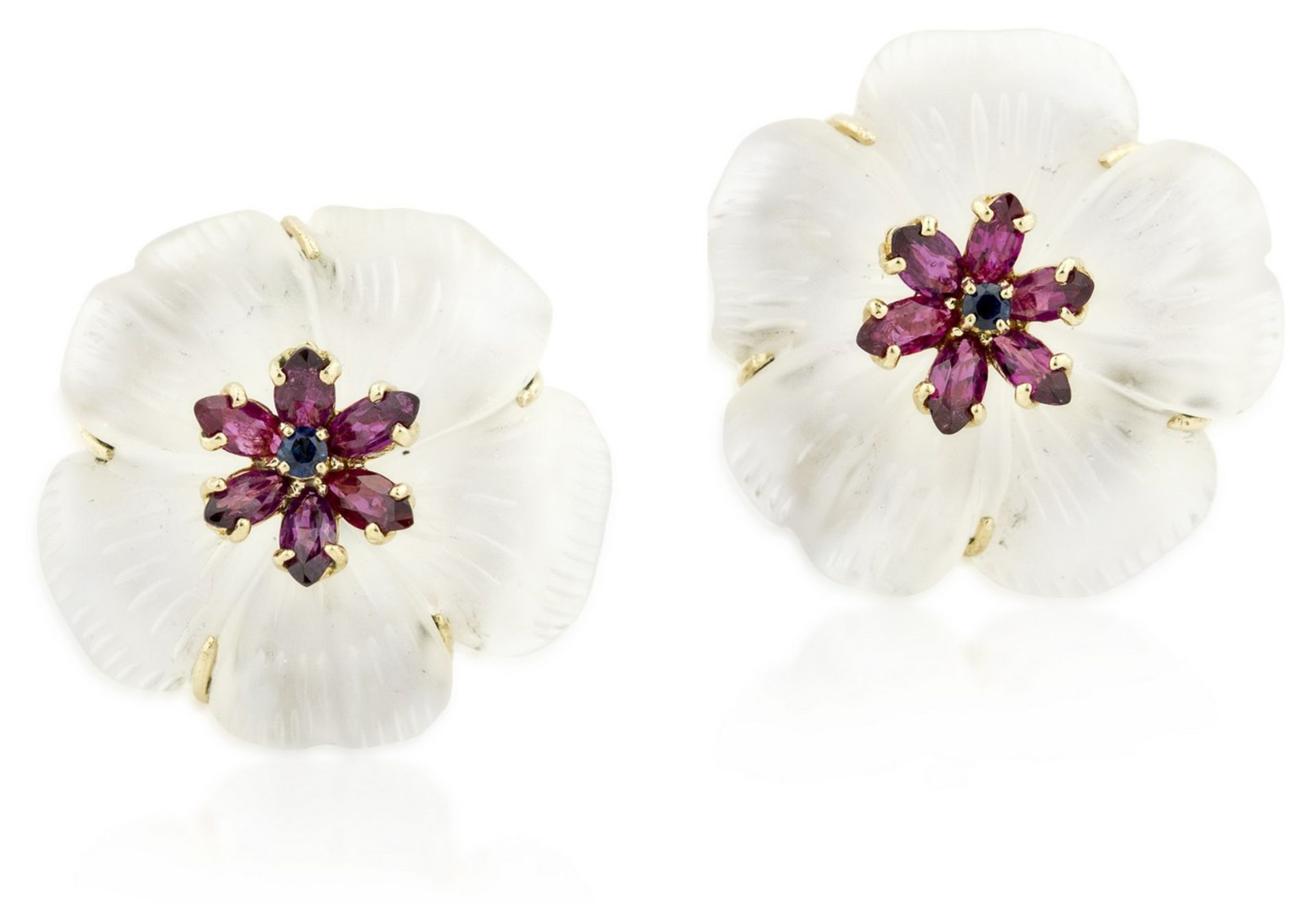 PAIR OF CARVED HARDSTONE SAPPHIRE AND RUBY EAR CLIPS Formed of frosted rock crystal flowerheads,