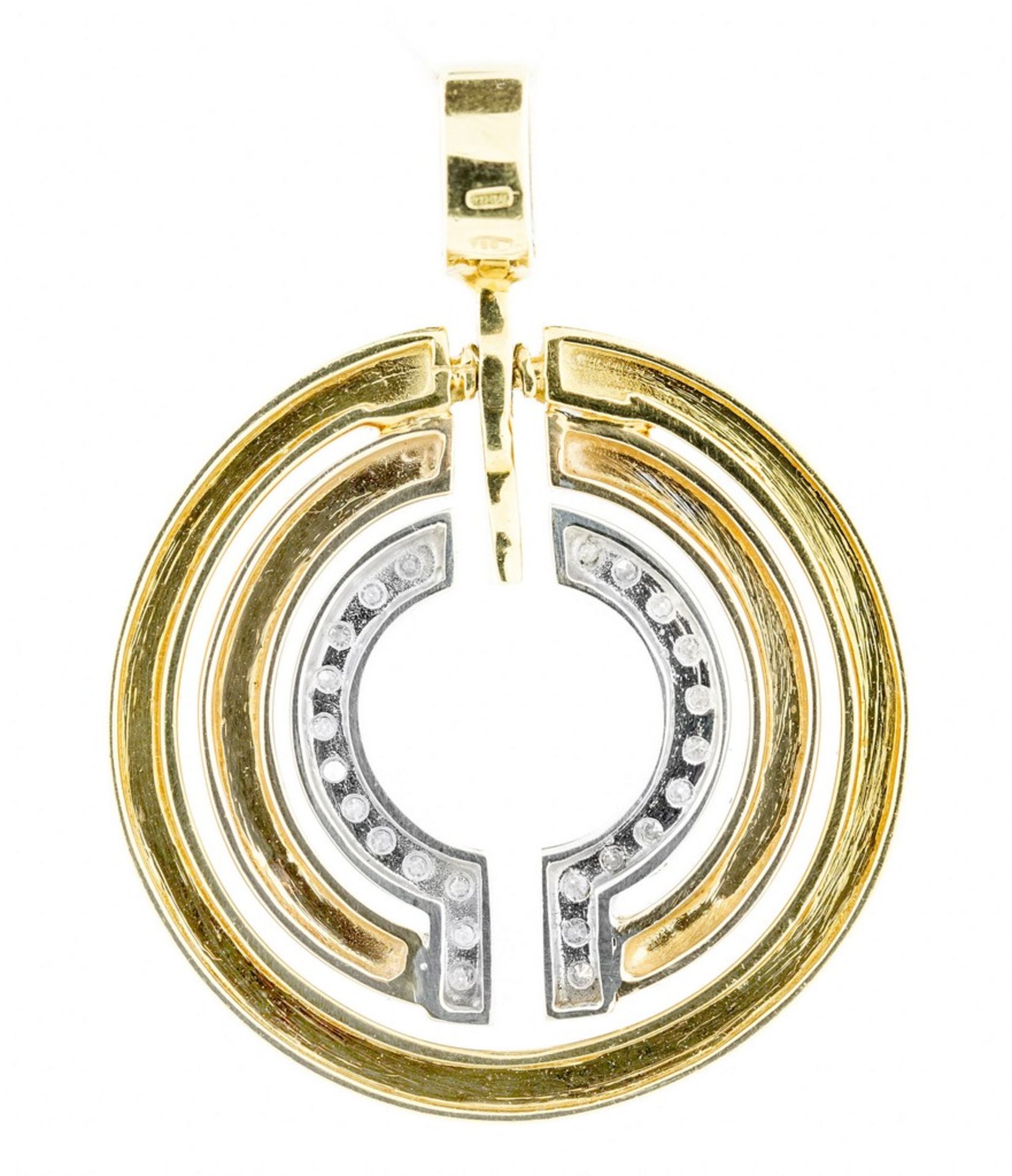 18 KARAT TWO-TONE GOLD AND DIAMOND PENDANT Geometric style circular yellow gold disks surrounding - Image 2 of 2