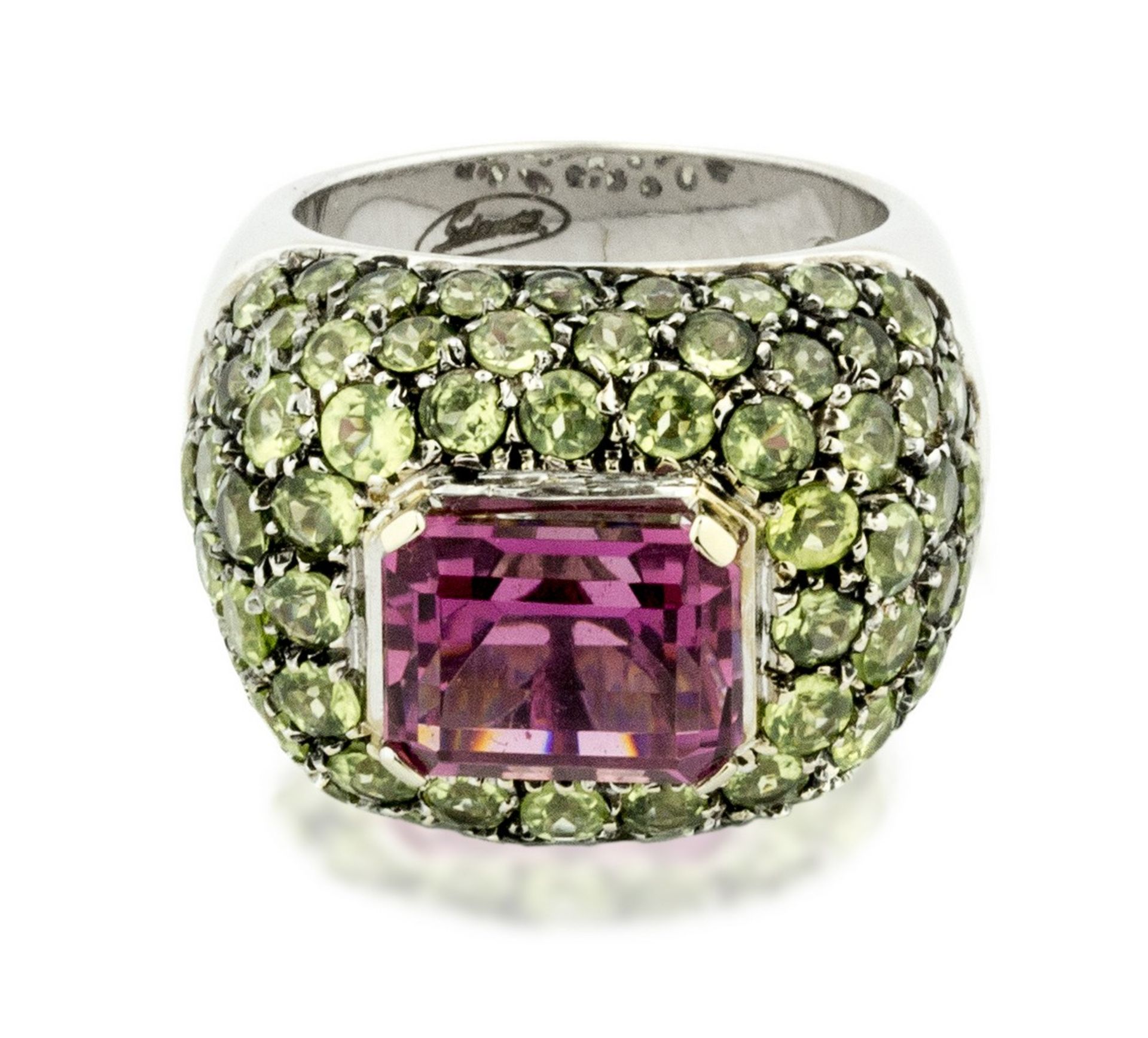 SALAVETTI, GEM-SET RING Centered an emerald-cut pink tourmaline, surrounded by pave-set round