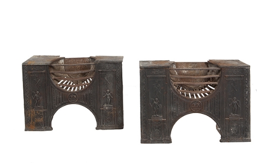 A PAIR OF GEORGE III CAST IRON FIRE GRATES, the bowed grate within a moulded frame, the frame with