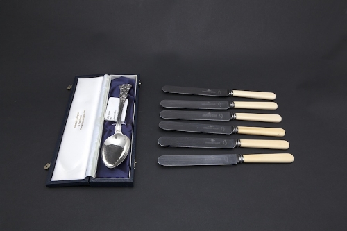 A SET OF SIX BONE-HANDLED TABLE KNIVES, each with Harrison Bros. & Howson alpha rustless blades;