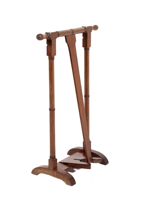 A MODERN MAHOGANY BOOT JACK,  with turned handles. 77.5cm high