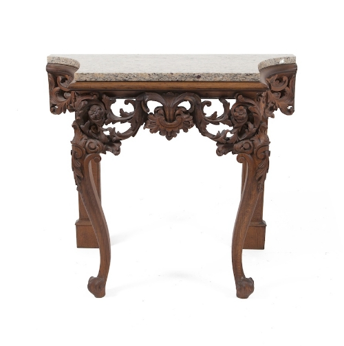 A VICTORIAN CARVED PINE CONSOLE TABLE, originally gilded, with mottled marble top and frame