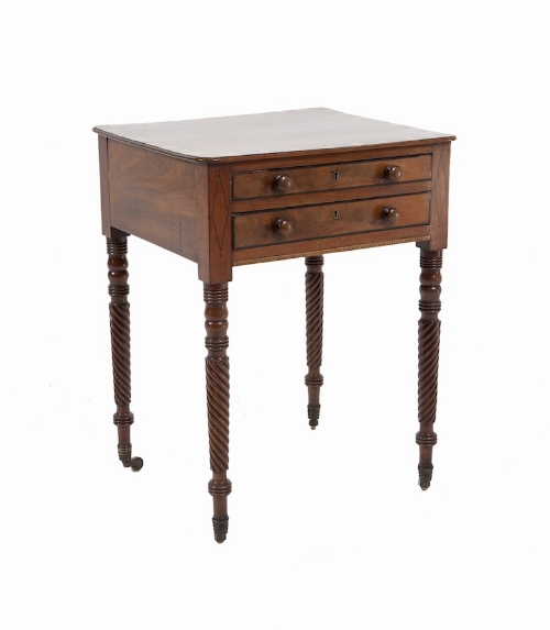 A COMPOSED REGENCY MAHOGANY, ROSEWOOD AND WALNUT CROSSBANDED SIDE TABLE, with two long drawers,