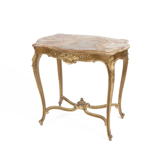 A FRENCH LOUIS SEIZE STYLE GILTWOOD AND MARBLE TOPPED TABLE, with a shaped frieze with carved floral