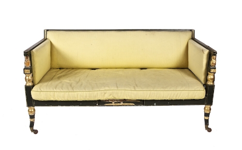 A REGENCY STYLE AND PARCEL GILT SQUARE BACK SOFA, the horizontal arms with Egyptian therms, above