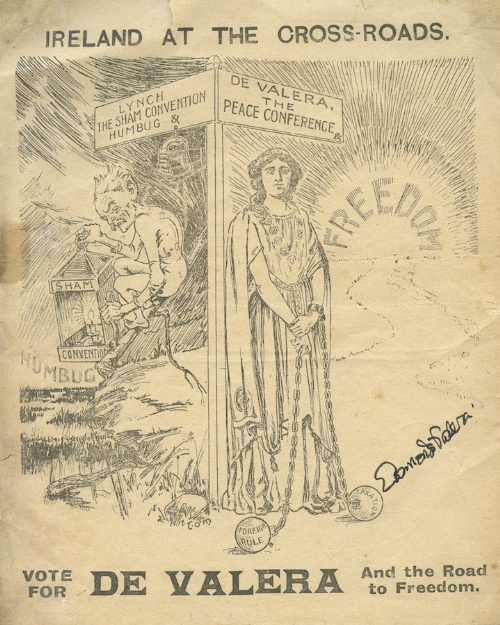 EAMON DE VALERA
A cyclostyled cartoon leaflet headed 'Ireland at the Crossroads .. Vote for De