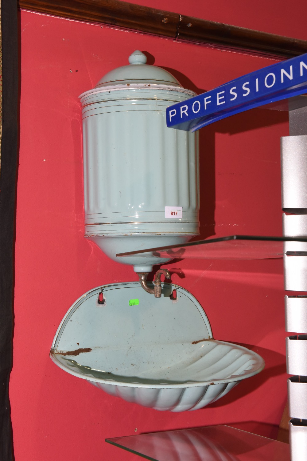 A vintage enamelled water cooler and basin