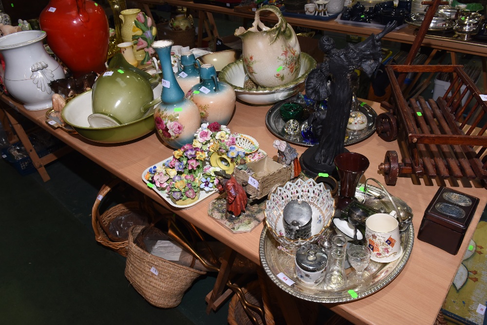 Two trays inc. Royal Doulton and other floral encrusted wares, Continental porcelain basket,