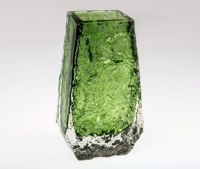 A WHITEFRIARS GLASS `COFFIN` VASE BY GEOFFREY BAXTER, circa 1967, meadow green colour, model No.