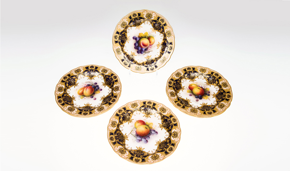 A SET OF SIX ROYAL WORCESTER FRUIT-PAINTED DESSERT PLATES BY ALBERT SCHUCK, each with elaborately