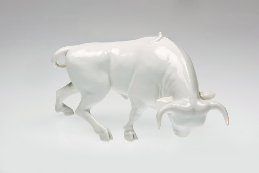 A ROSENTHAL PORCELAIN MODEL OF A RAGING BULL, with printed and impressed marks. Length 22cm