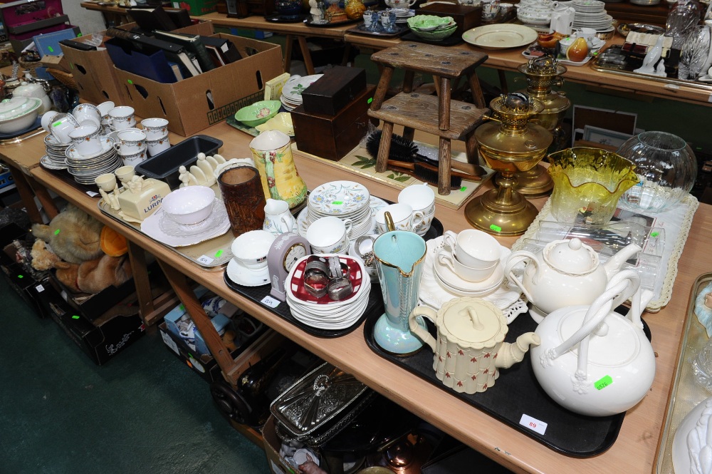 Four trays inc. modern creamware, lustre ware, Staffordshire tea service etc