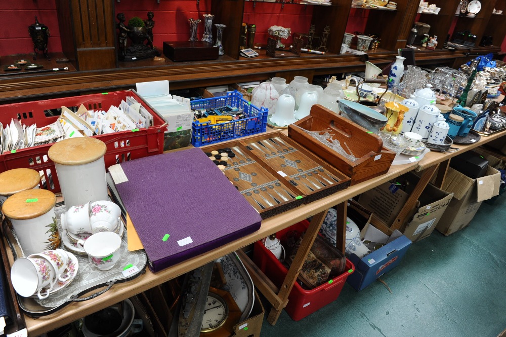 Four trays inc. a "Queen Anne" tea service, Royal Devon storage jars, Maling vase, Burleigh ware