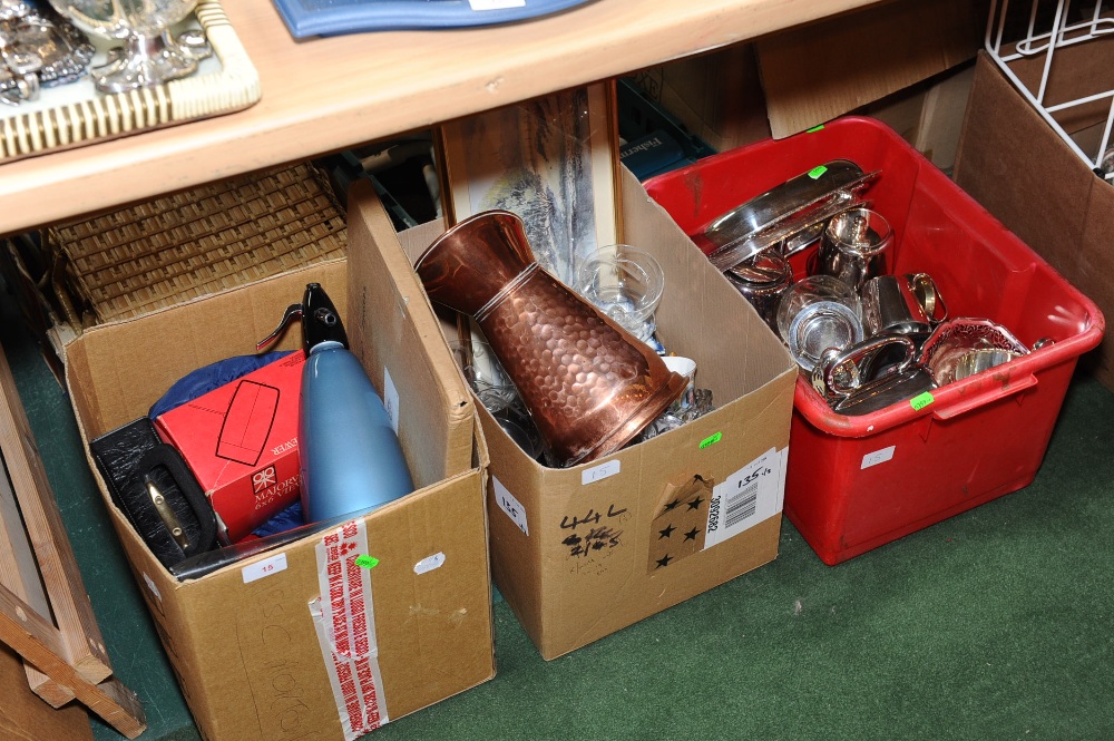 Three boxes inc. copper harvest jug, vintage soda syphon, glass rinsers, silver plate etc.